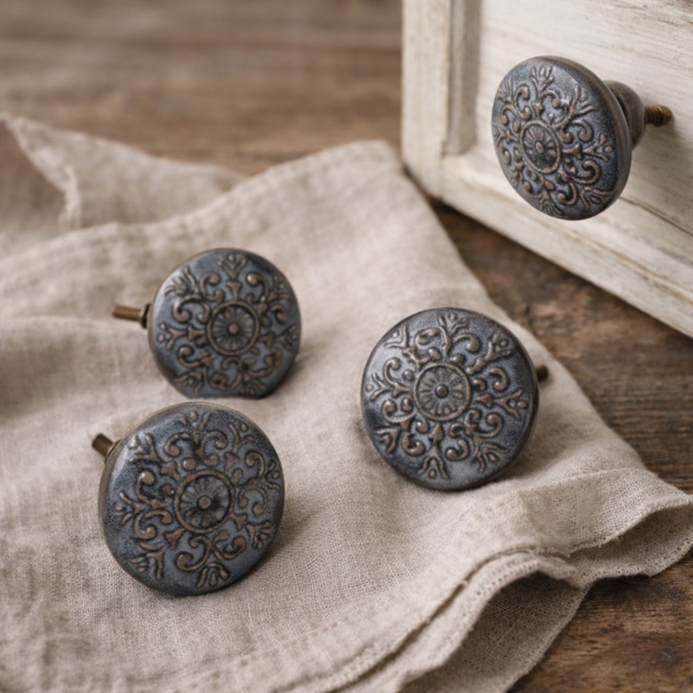 French Countryside Ceramic Knobs Blue Gray Floral Cottage Farmhouse Drawer Set 4